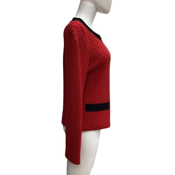 St. John Sport Women’s Cardigan Size 8 Fine Knit Zipper Faux Pockets Red & Black - Picture 3 of 5